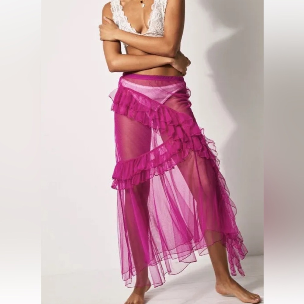 Free People Fuchsia Sheer Ruffle Maxi Skirt